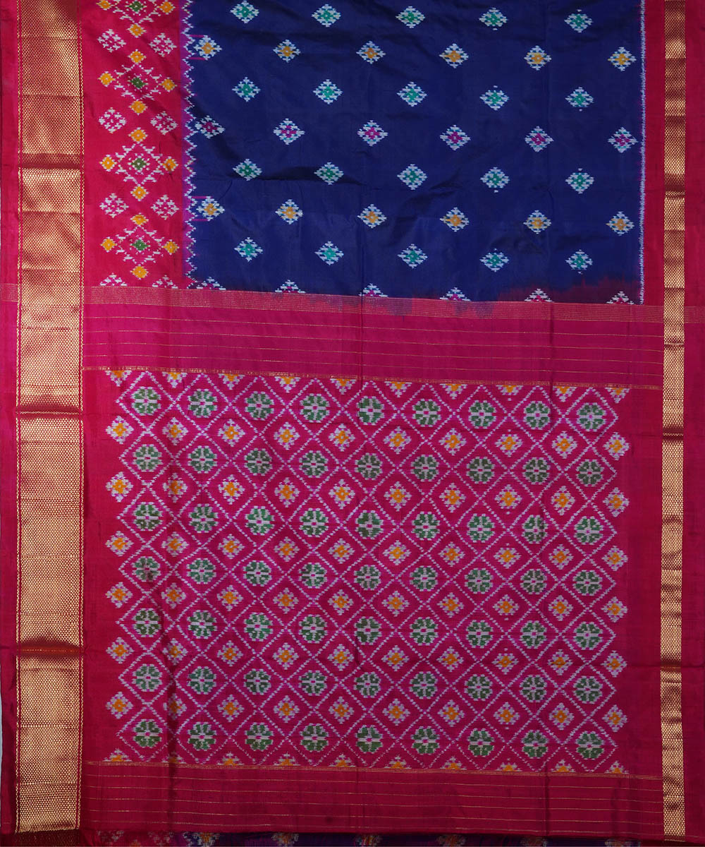 Navy blue pink silk handwoven ikat pochampally saree