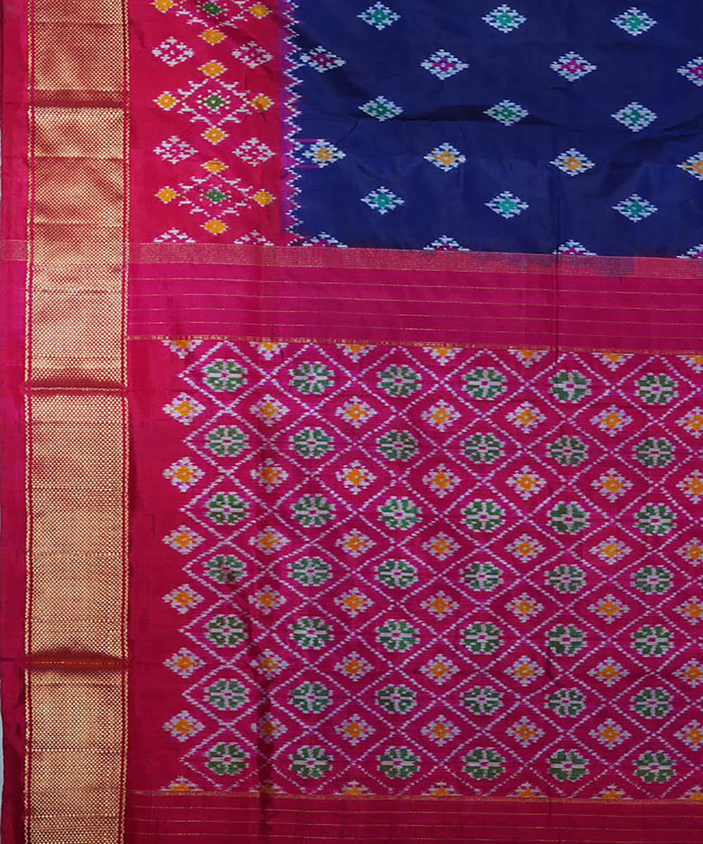 Navy blue pink silk handwoven ikat pochampally saree