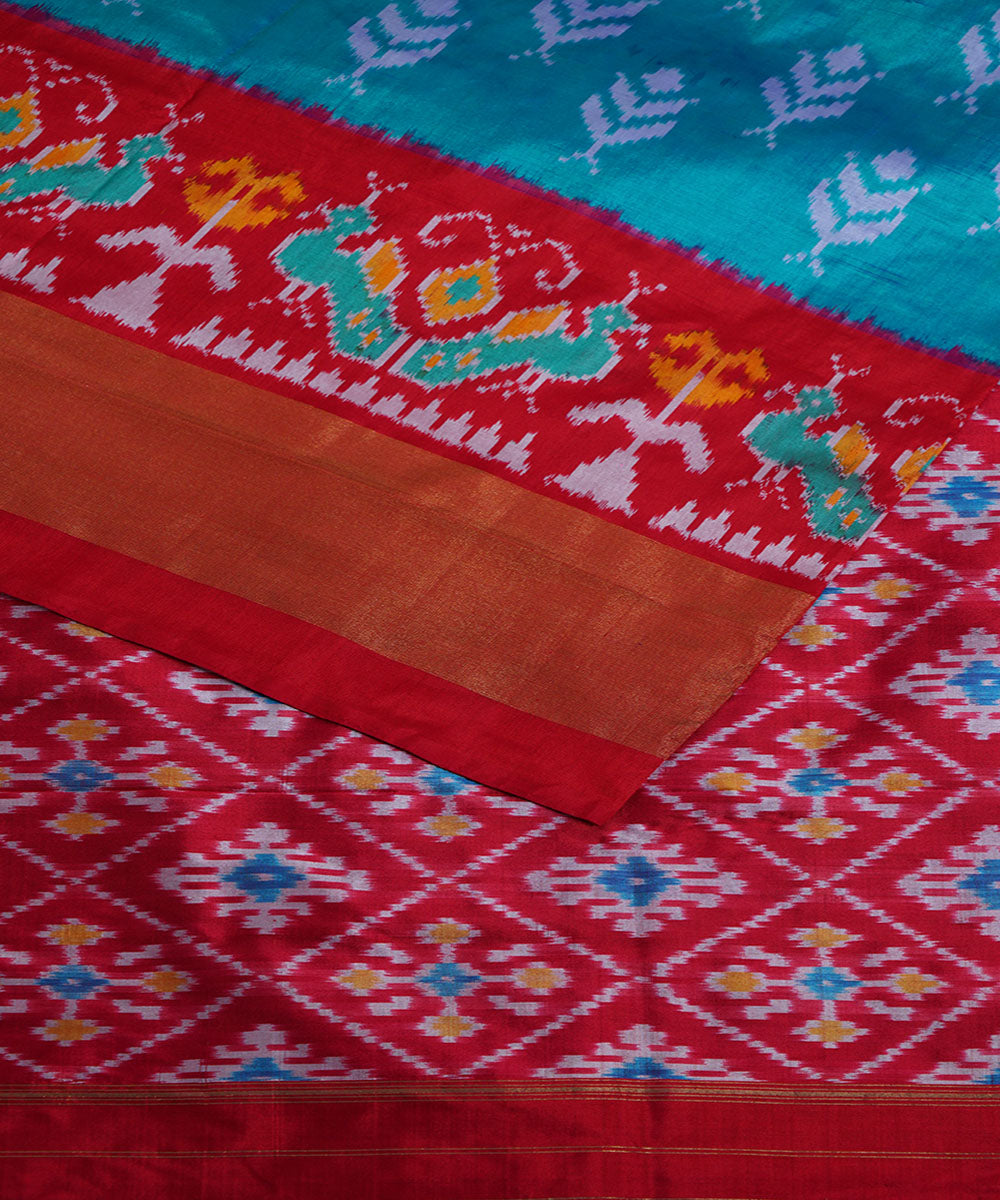 Cyan blue red silk handloom ikat pochampally saree