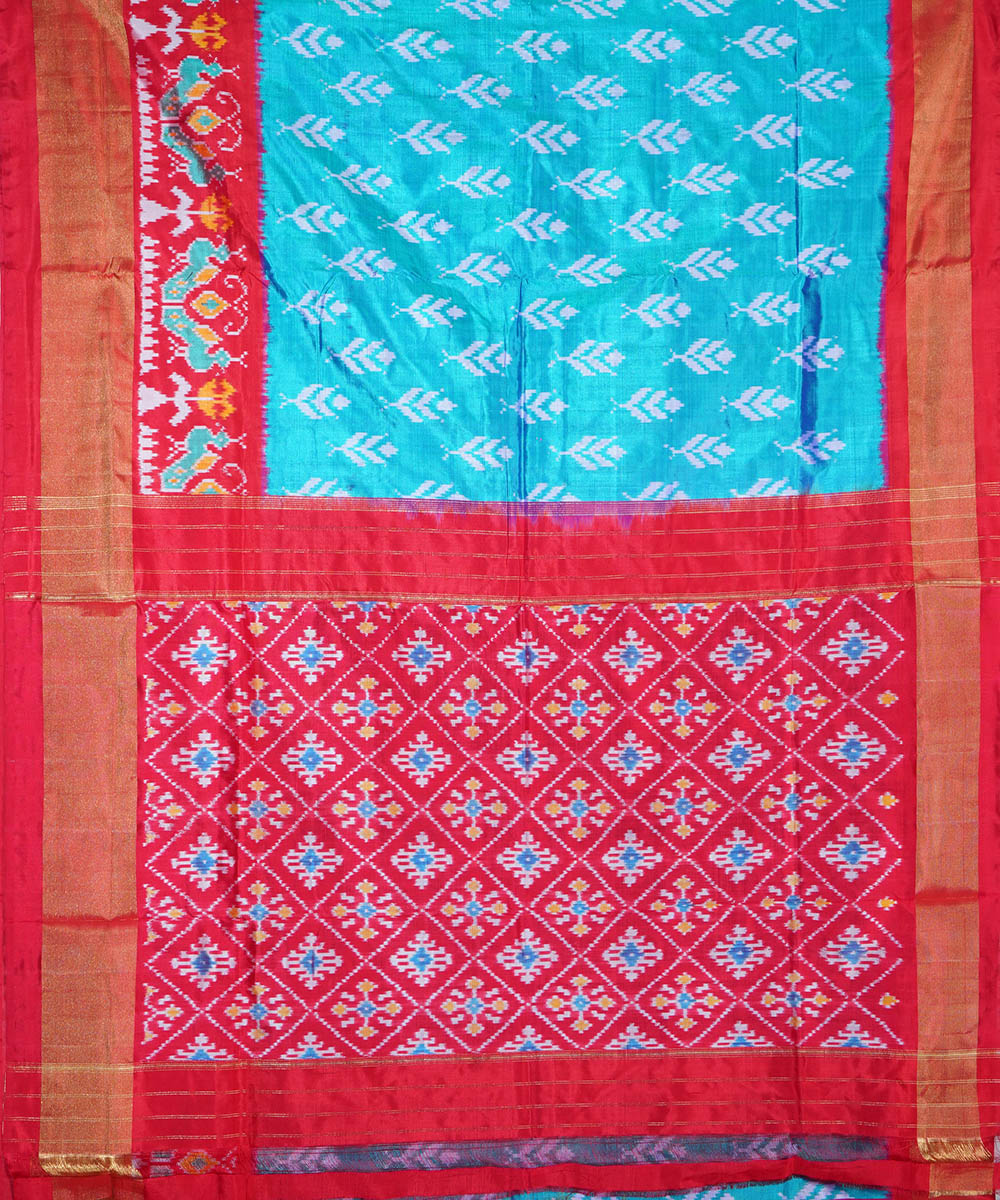 Cyan blue red silk handloom ikat pochampally saree