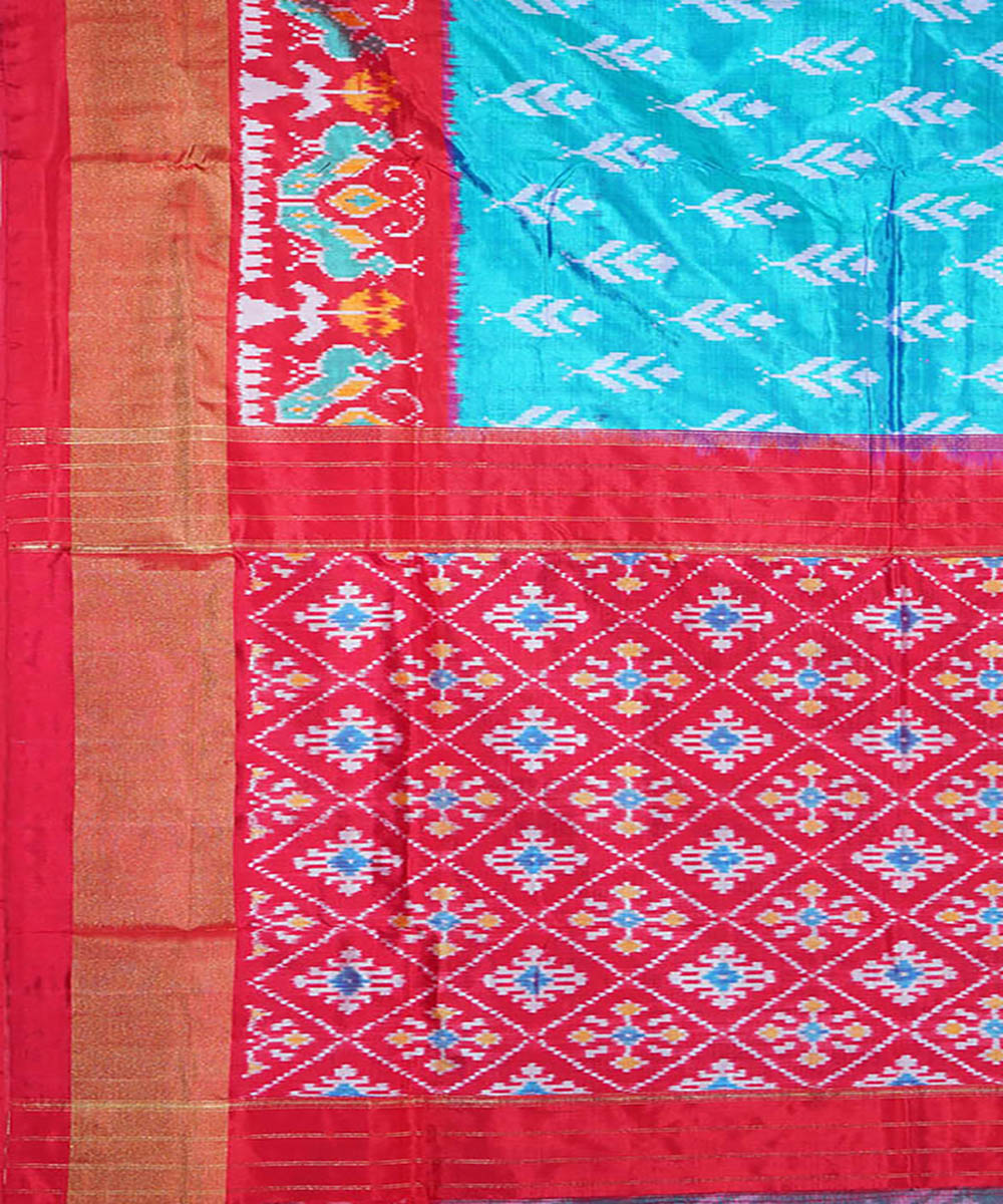 Cyan blue red silk handloom ikat pochampally saree