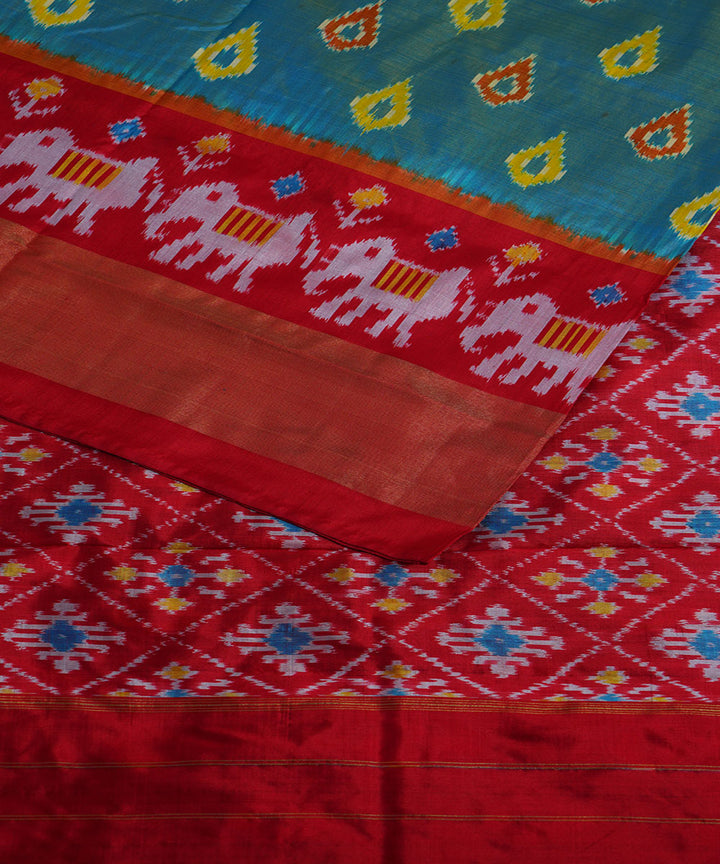 Cyan blue red handwoven silk ikat pochampally saree