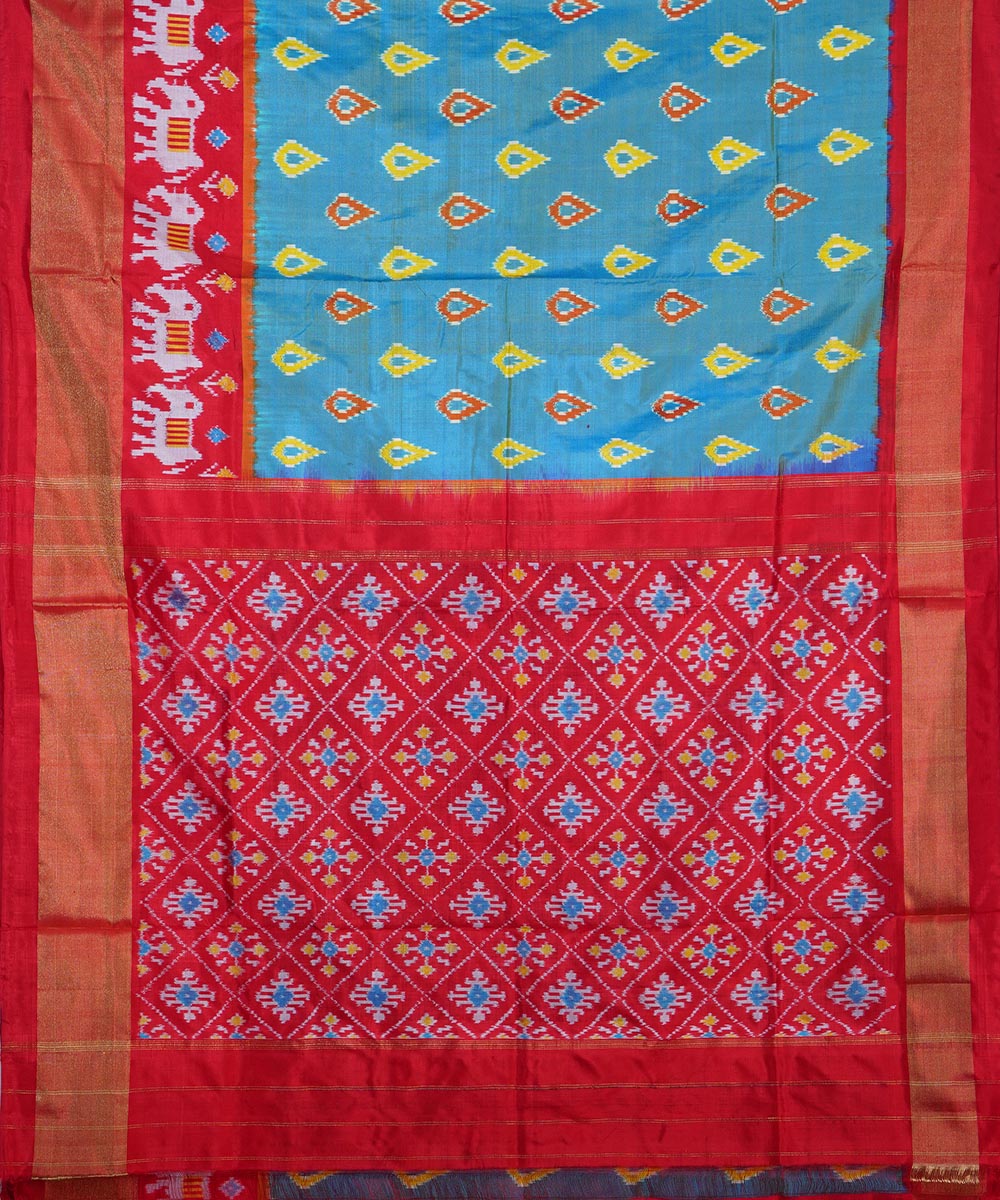 Cyan blue red handwoven silk ikat pochampally saree