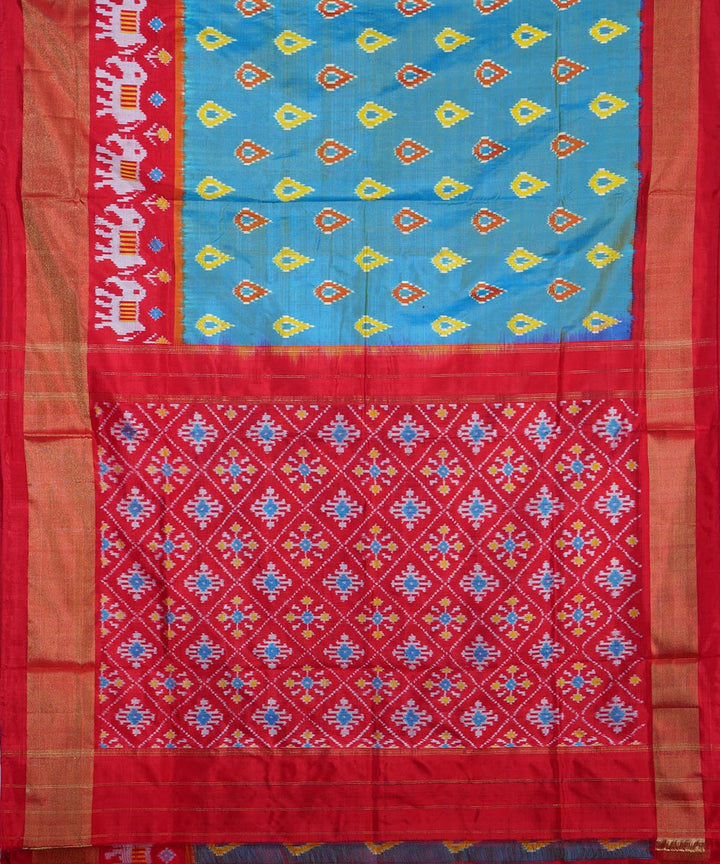 Cyan blue red handwoven silk ikat pochampally saree