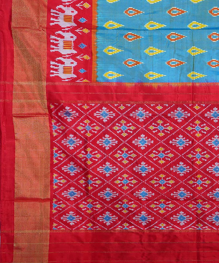 Cyan blue red handwoven silk ikat pochampally saree