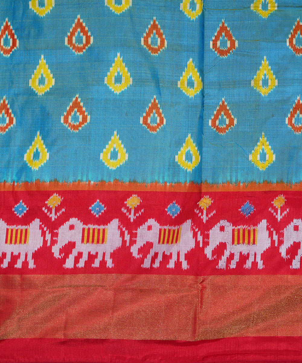 Cyan blue red handwoven silk ikat pochampally saree