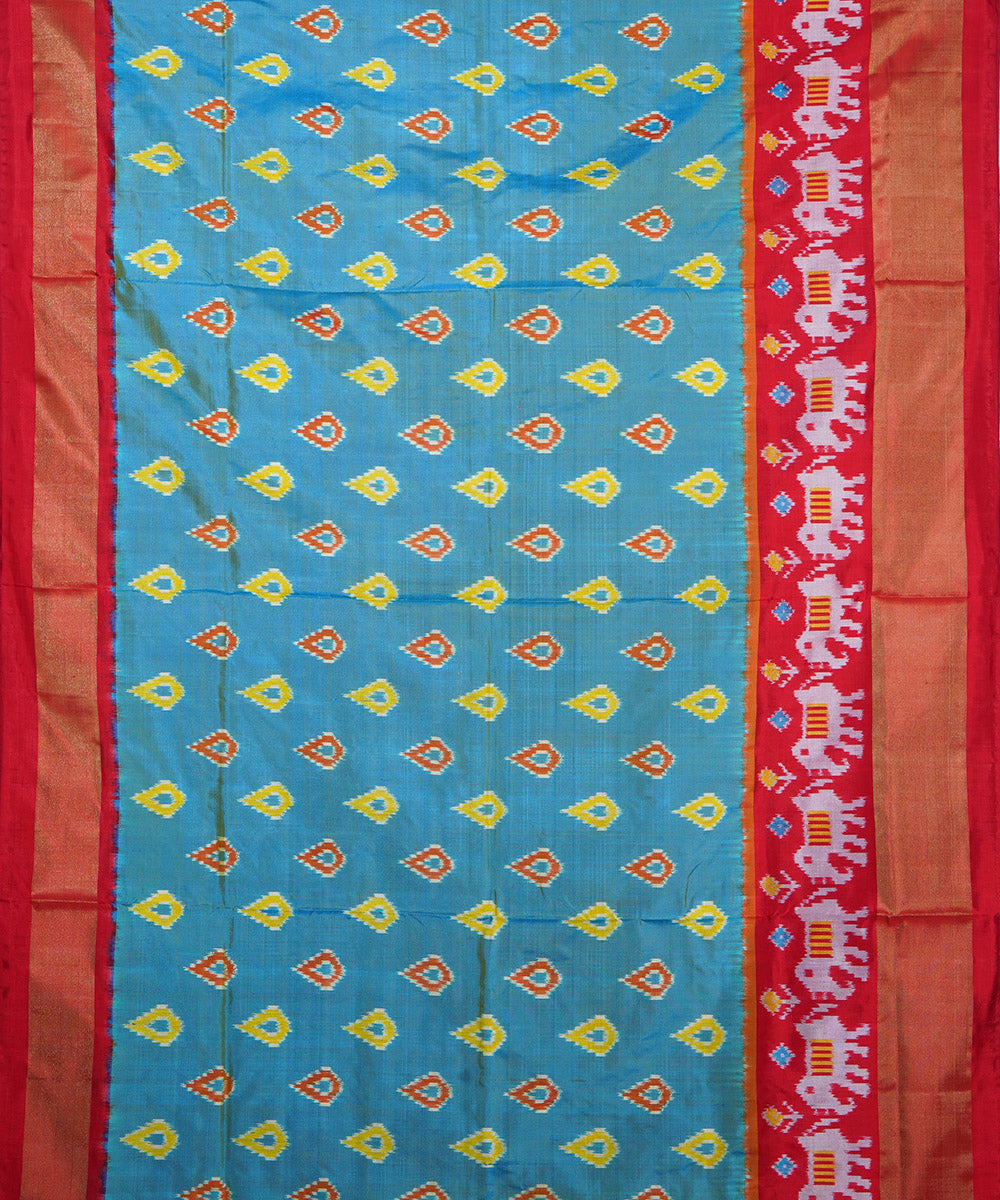 Cyan blue red handwoven silk ikat pochampally saree