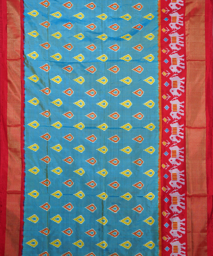 Cyan blue red handwoven silk ikat pochampally saree