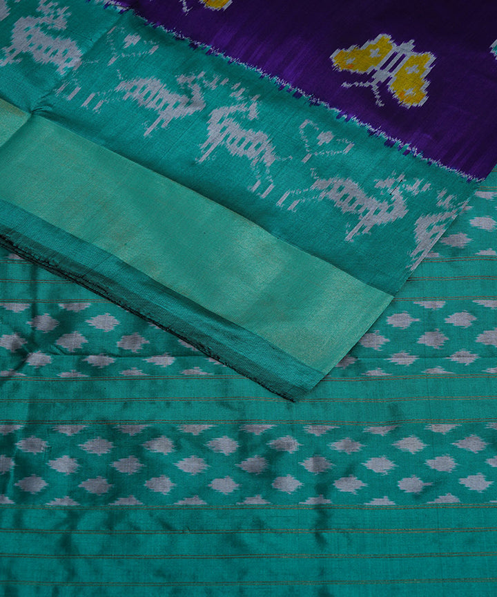 Navy blue violet blue and cyan silk handwoven ikat pochampally saree