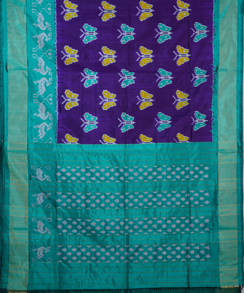 Navy blue violet blue and cyan silk handwoven ikat pochampally saree