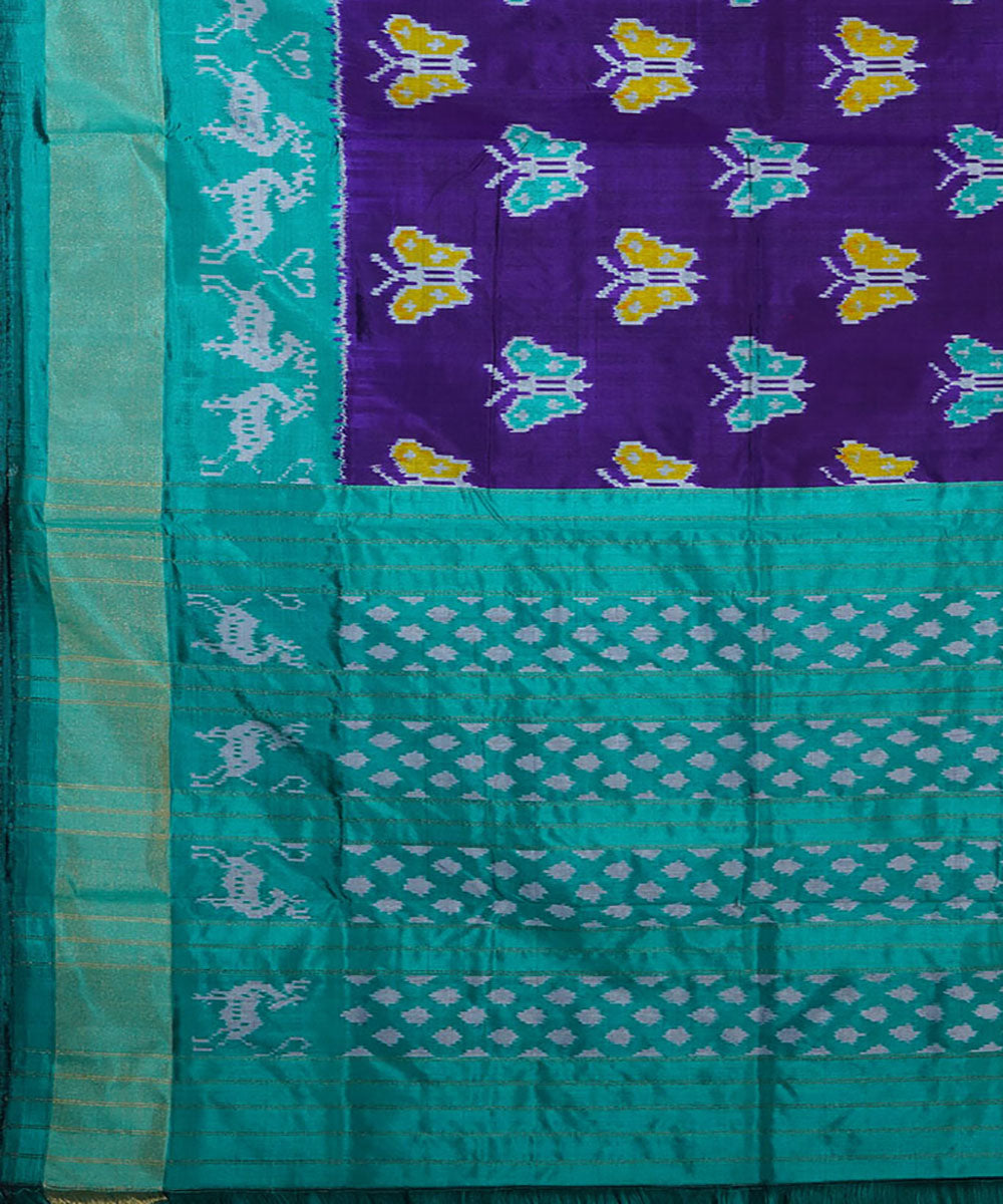 Navy blue violet blue and cyan silk handwoven ikat pochampally saree