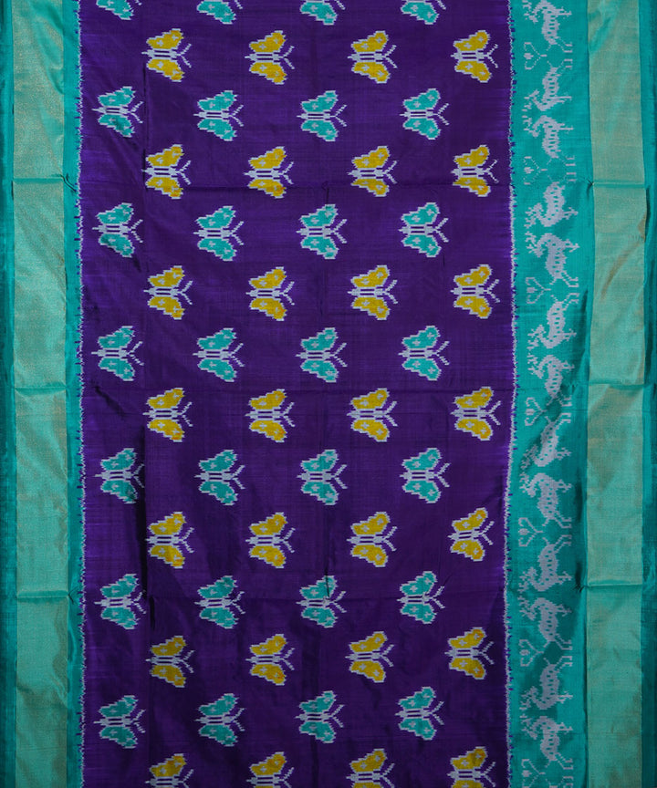 Navy blue violet blue and cyan silk handwoven ikat pochampally saree