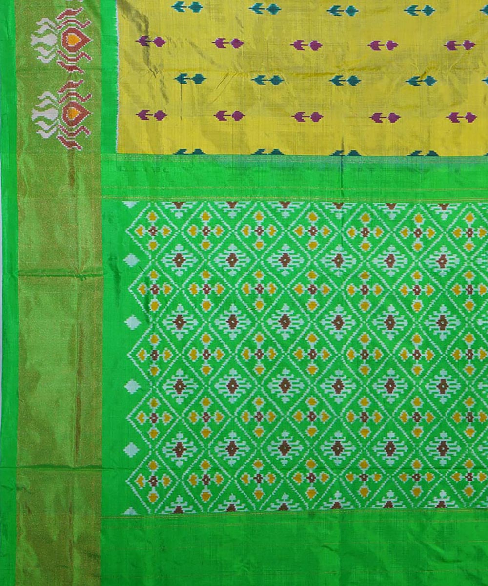 Yellow green silk handwoven ikat pochampally saree