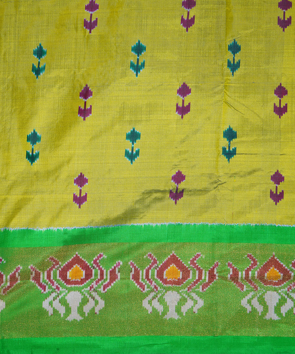 Yellow green silk handwoven ikat pochampally saree