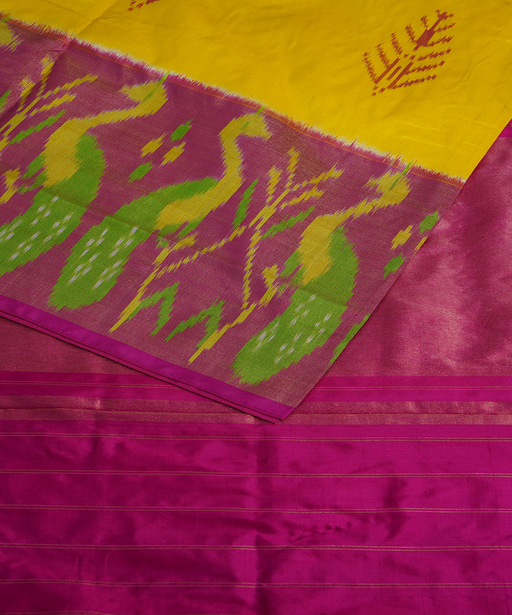 Yellow pink silk handwoven ikat pochampally saree