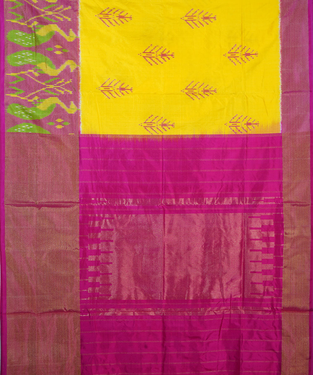 Yellow pink silk handwoven ikat pochampally saree