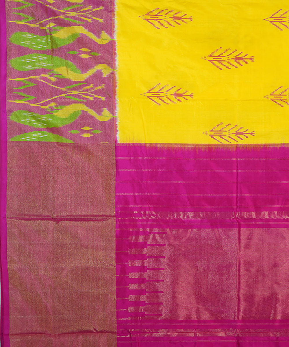 Yellow pink silk handwoven ikat pochampally saree