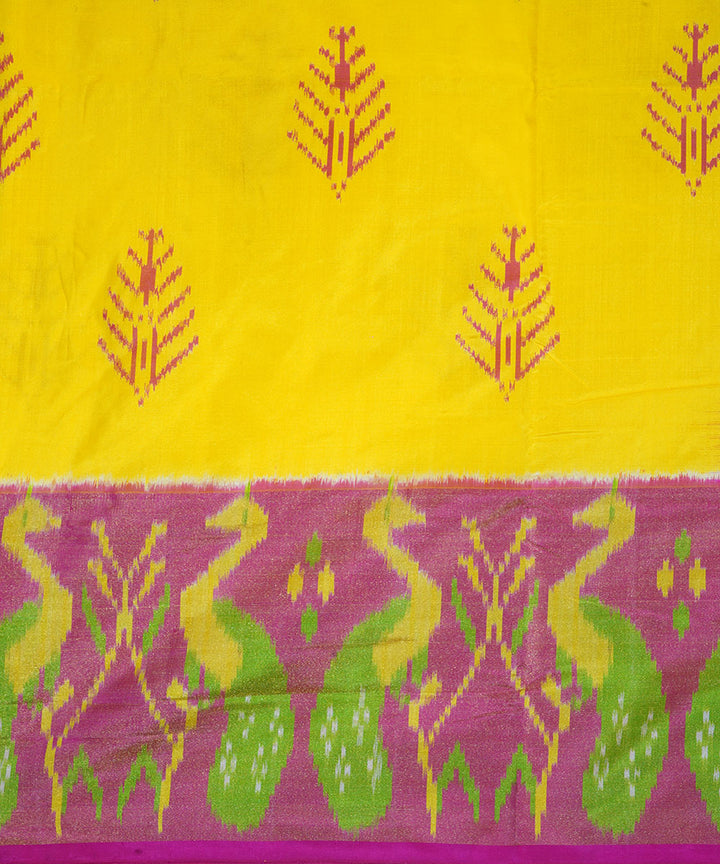 Yellow pink silk handwoven ikat pochampally saree