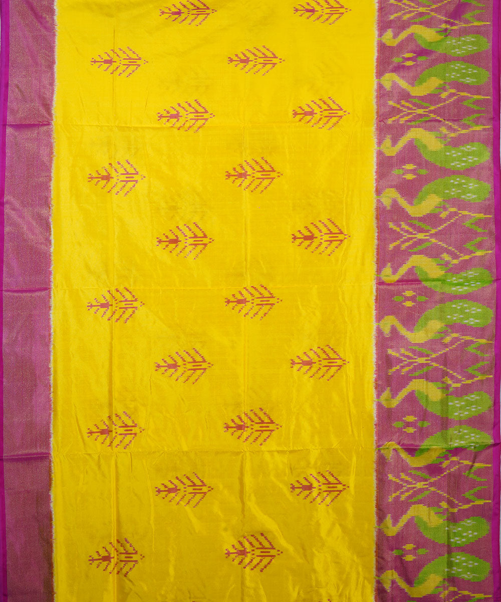 Yellow pink silk handwoven ikat pochampally saree