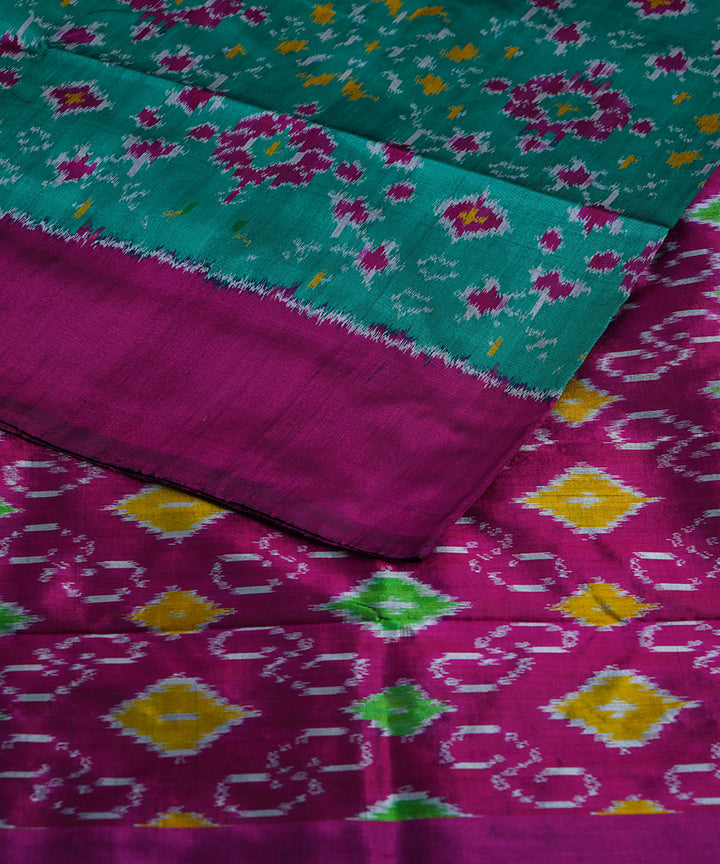 Cyan green dark pink silk handwoven ikat pochampally saree