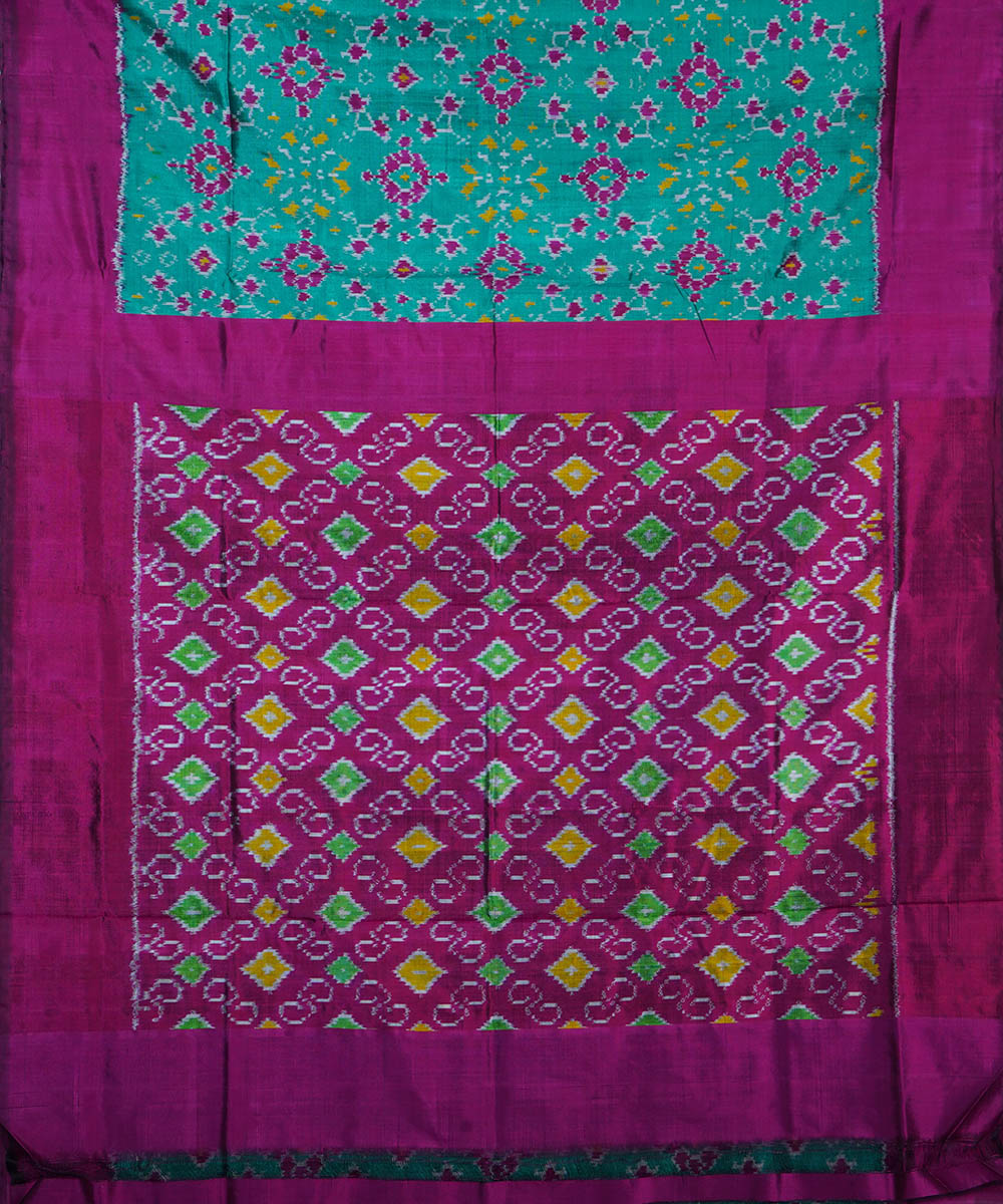 Cyan green dark pink silk handwoven ikat pochampally saree