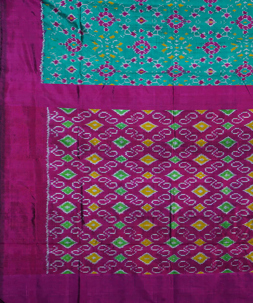 Cyan green dark pink silk handwoven ikat pochampally saree