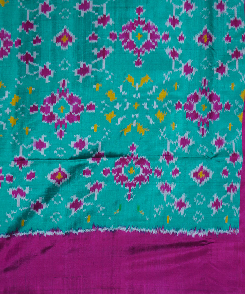 Cyan green dark pink silk handwoven ikat pochampally saree