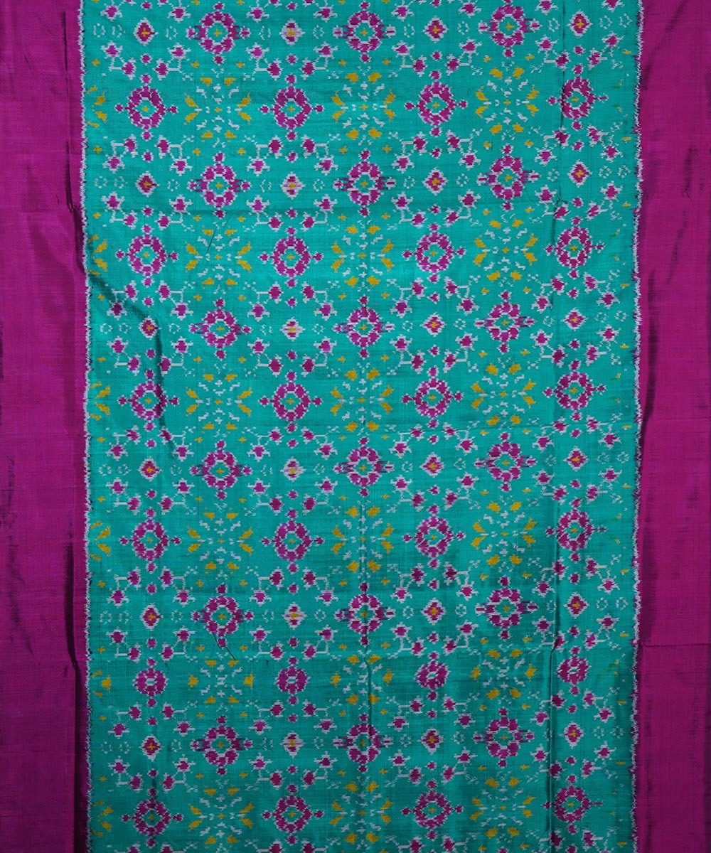 Cyan green dark pink silk handwoven ikat pochampally saree