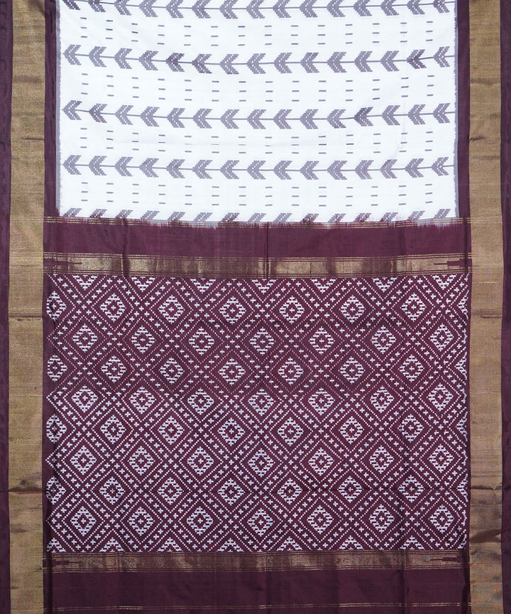 White brown silk handwoven ikat pochampally saree