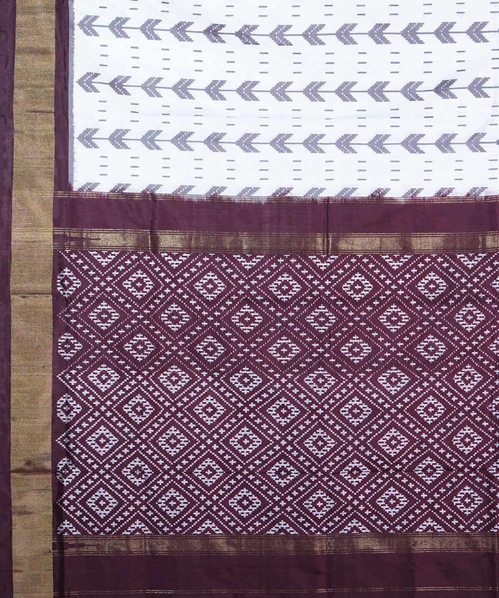 White brown silk handwoven ikat pochampally saree