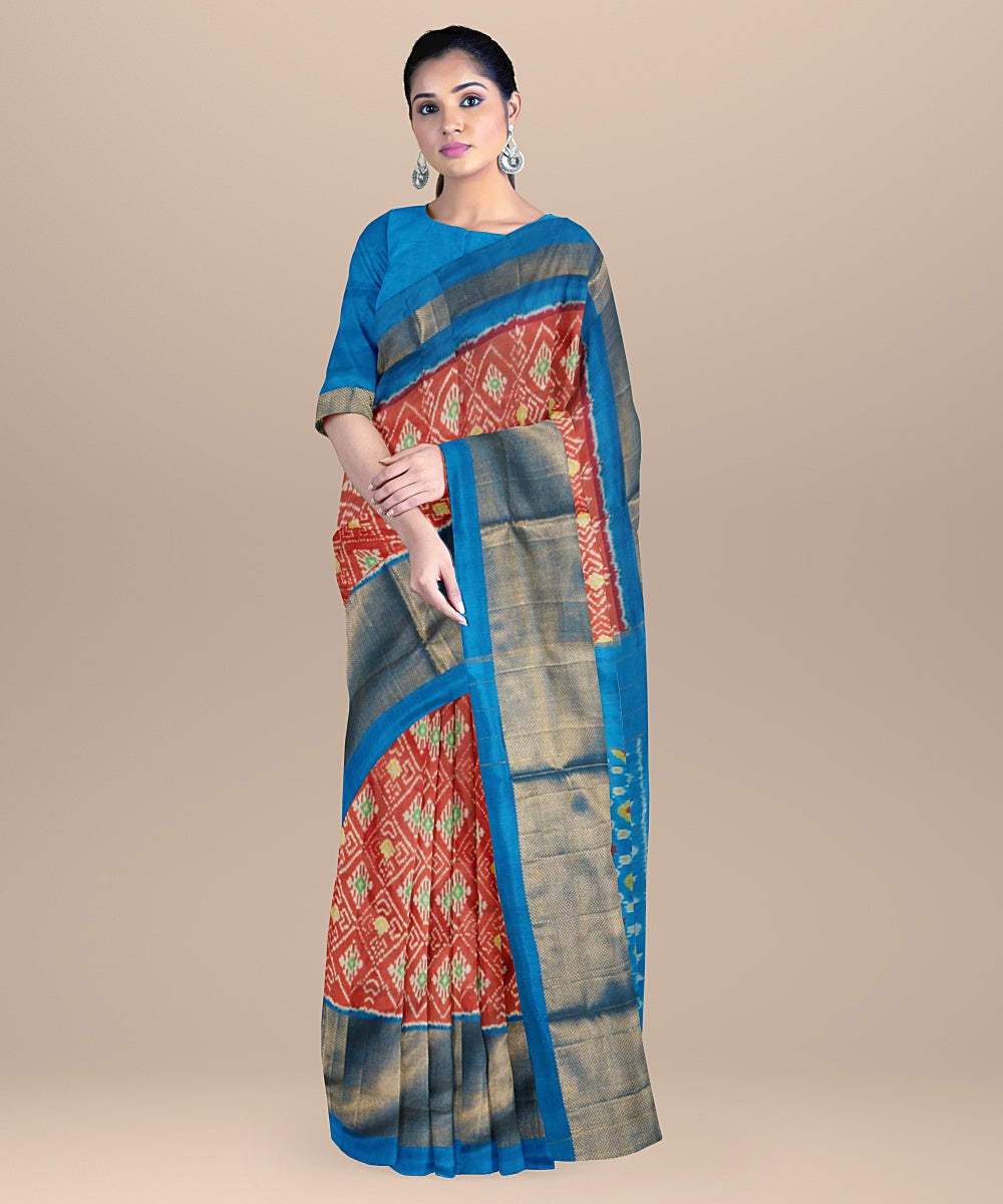 Maroon blue silk handwoven pochampally ikat saree