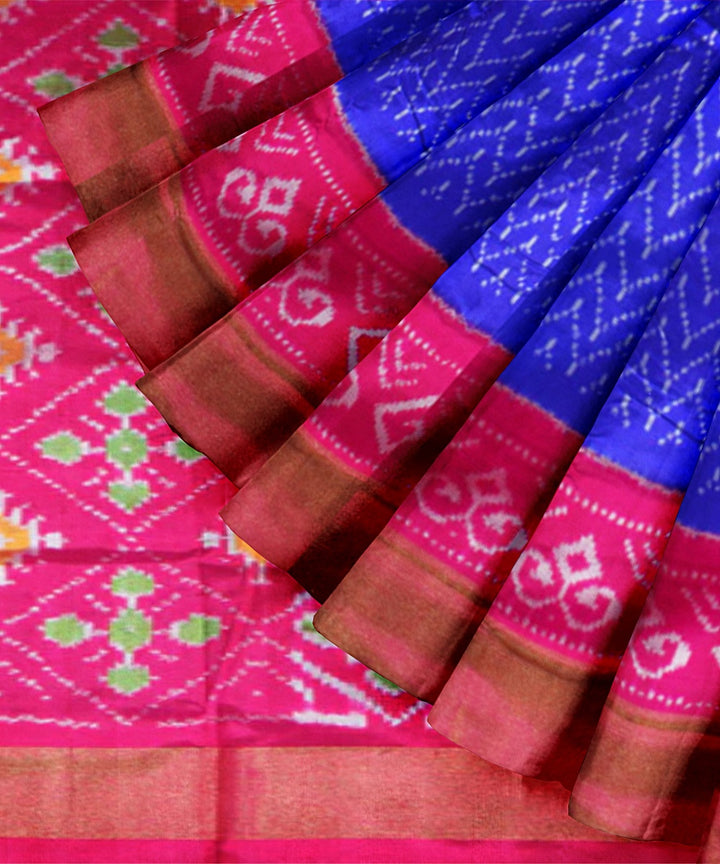 Navy blue pink handwoven pochampally ikat silk saree