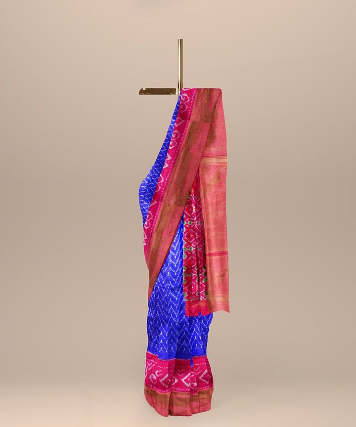 Navy blue pink handwoven pochampally ikat silk saree