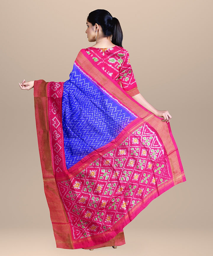 Navy blue pink handwoven pochampally ikat silk saree