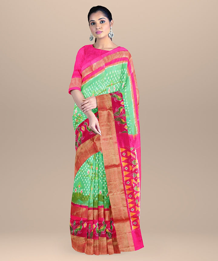 Light green pink handwoven pochampally ikat silk saree