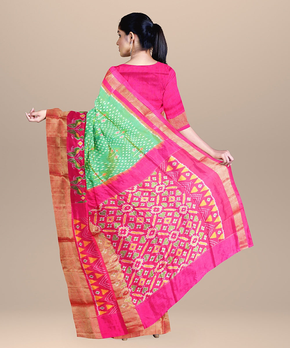 Light green pink handwoven pochampally ikat silk saree