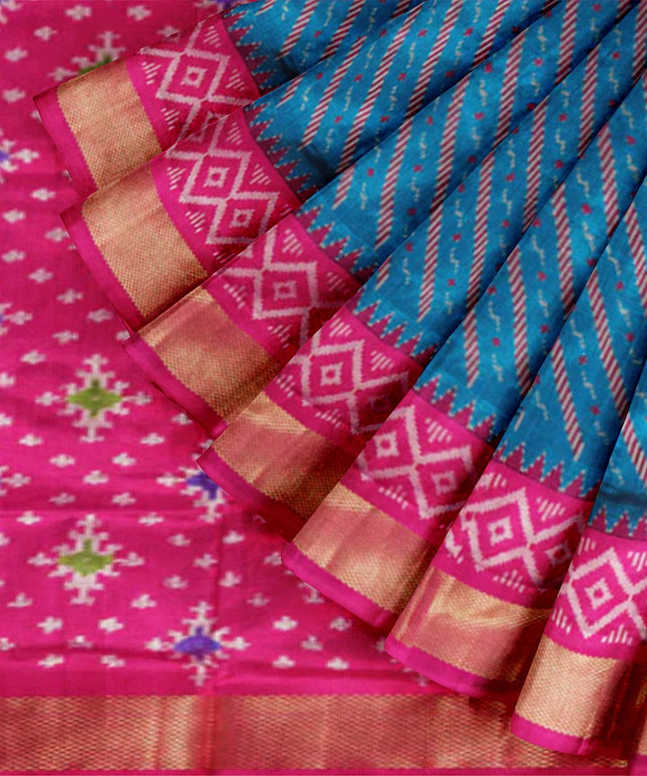 Dark green pink handwoven pochampally ikat silk saree