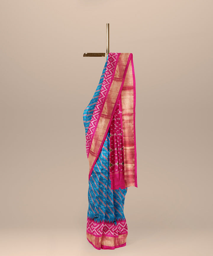 Dark green pink handwoven pochampally ikat silk saree