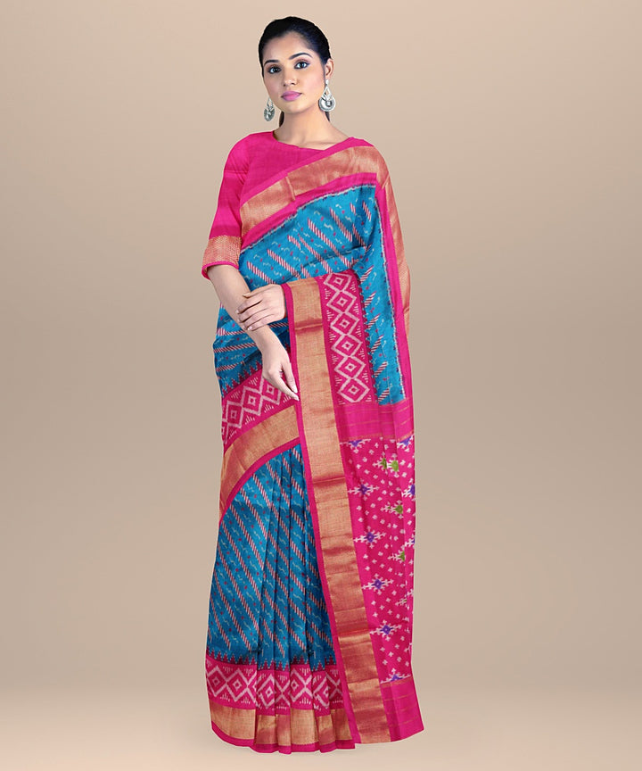 Dark green pink handwoven pochampally ikat silk saree