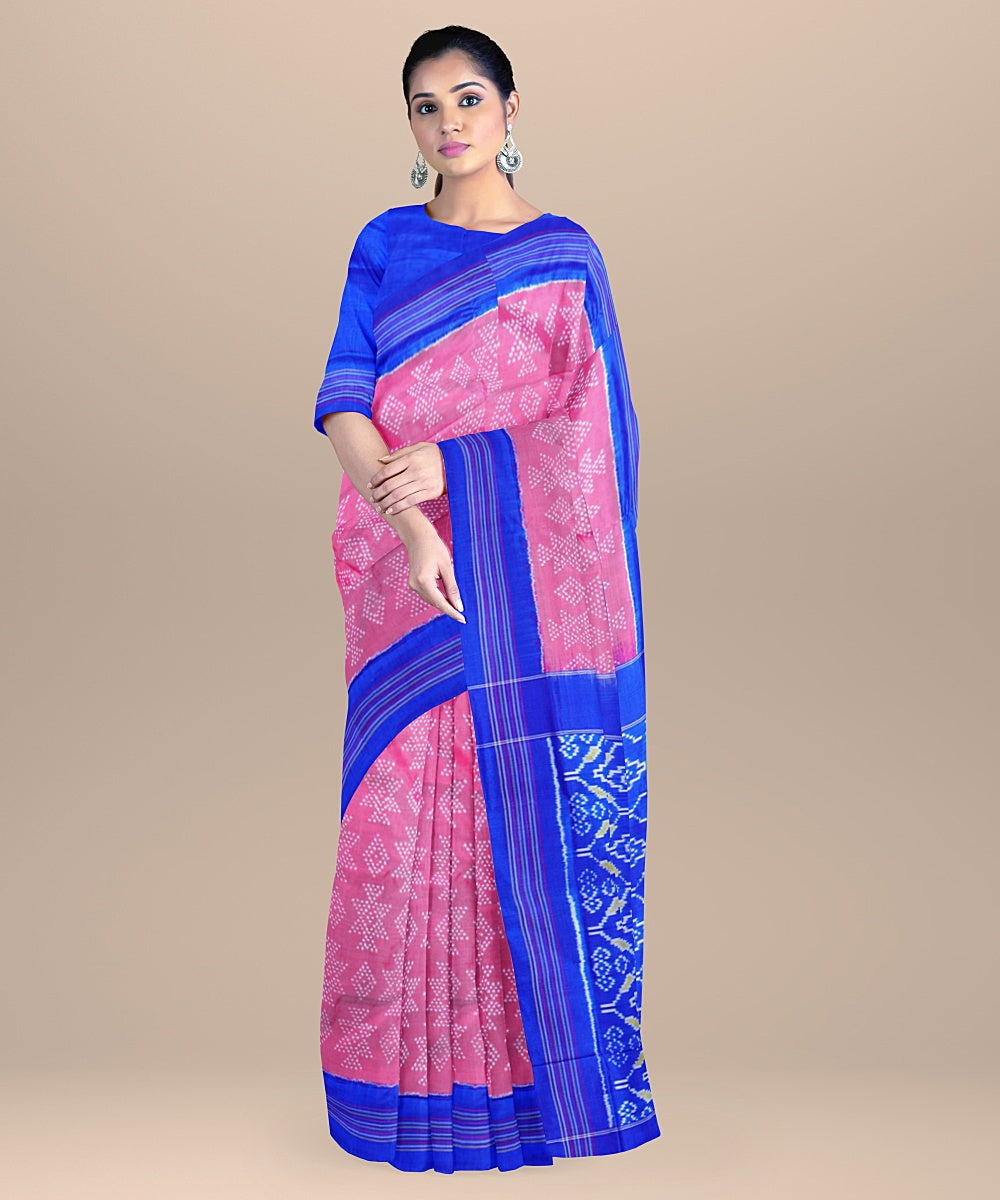 Pink royal blue handwoven pochampally ikat silk saree