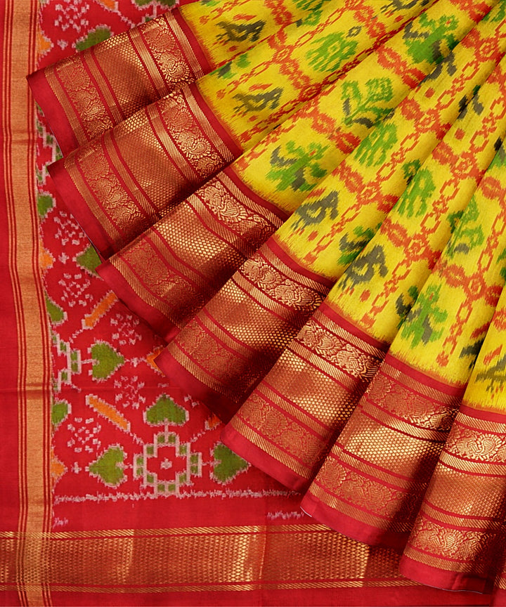 Yellow red handwoven silk pochampally ikat saree