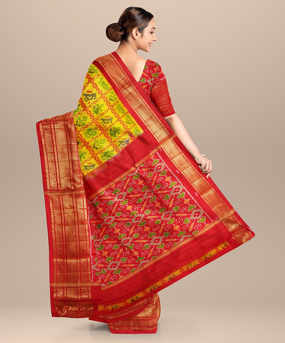 Yellow red handwoven silk pochampally ikat saree