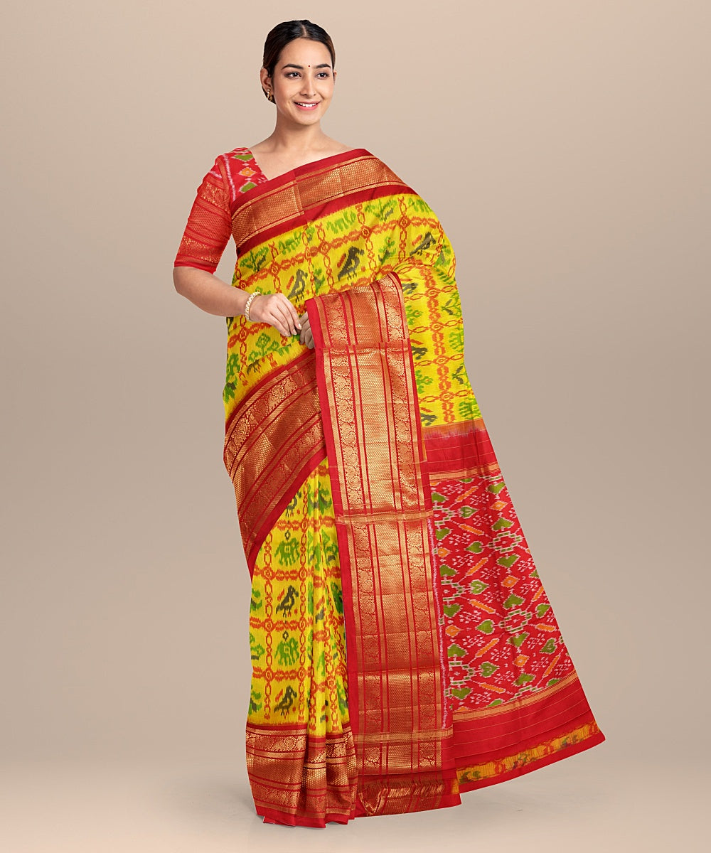 Yellow red handwoven silk pochampally ikat saree