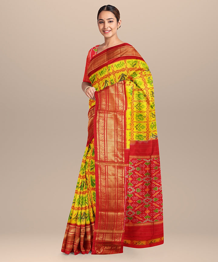 Yellow red handwoven silk pochampally ikat saree