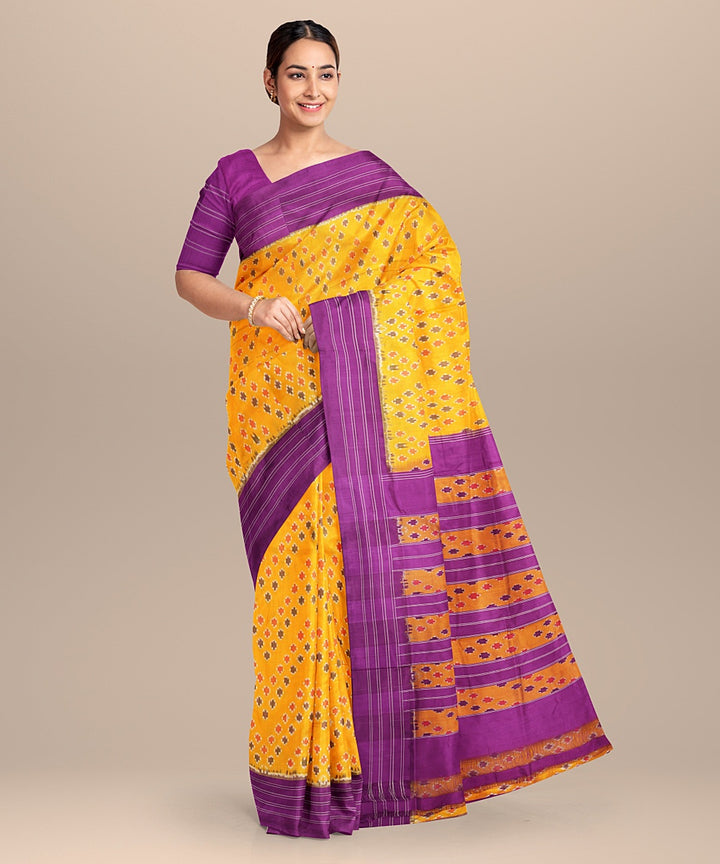 Yellow purple handwoven pochampally ikat silk saree