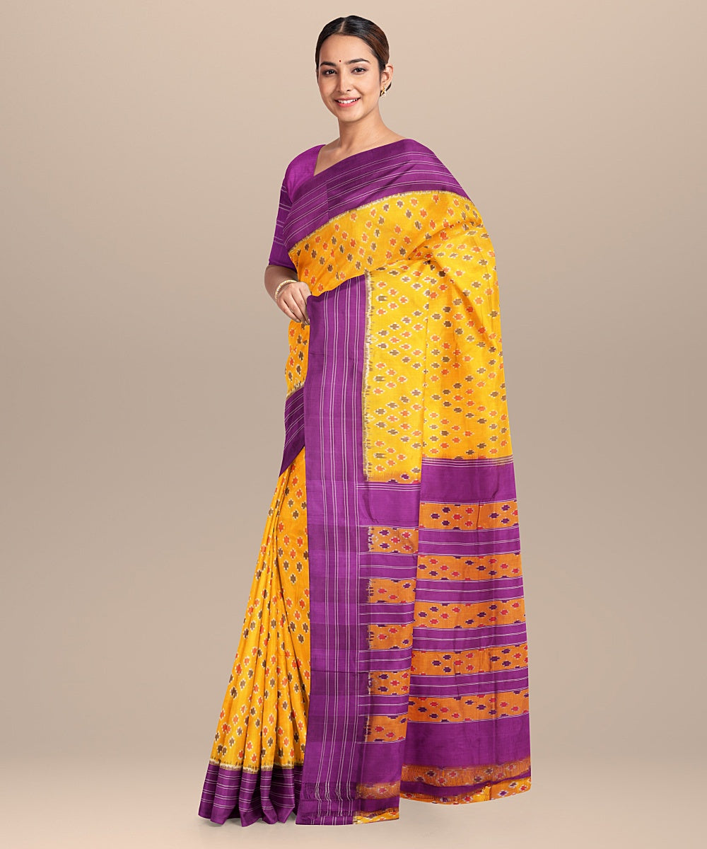 Yellow purple handwoven pochampally ikat silk saree