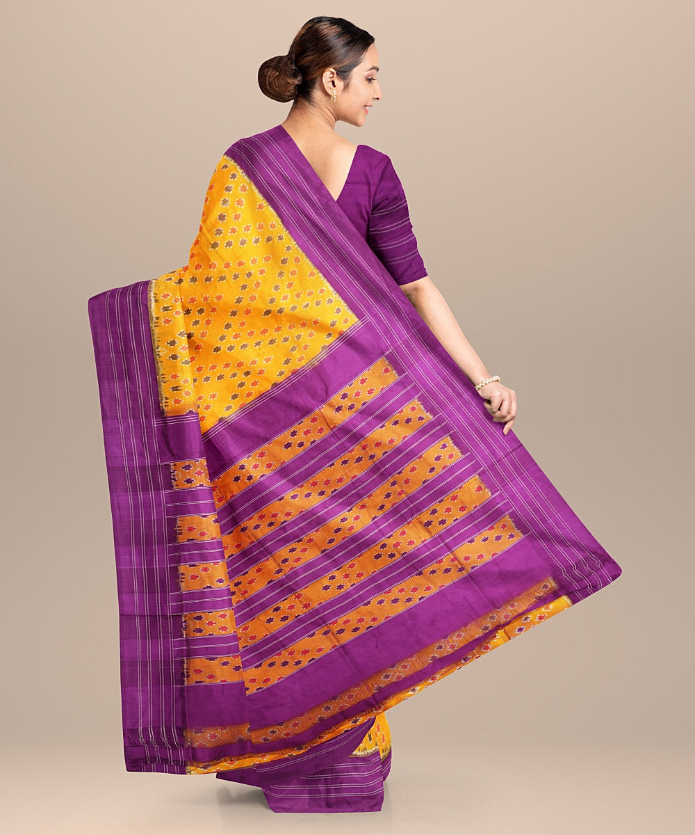 Yellow purple handwoven pochampally ikat silk saree