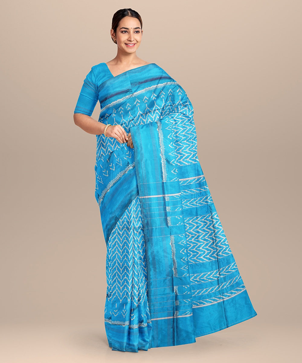 Turquise blue handwoven pochampally ikat silk saree