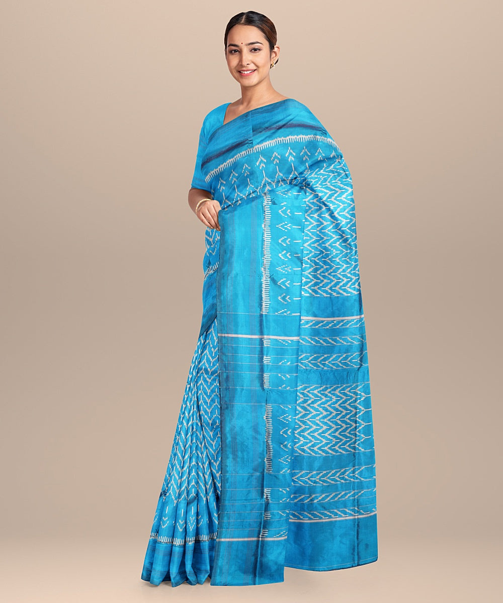 Turquise blue handwoven pochampally ikat silk saree