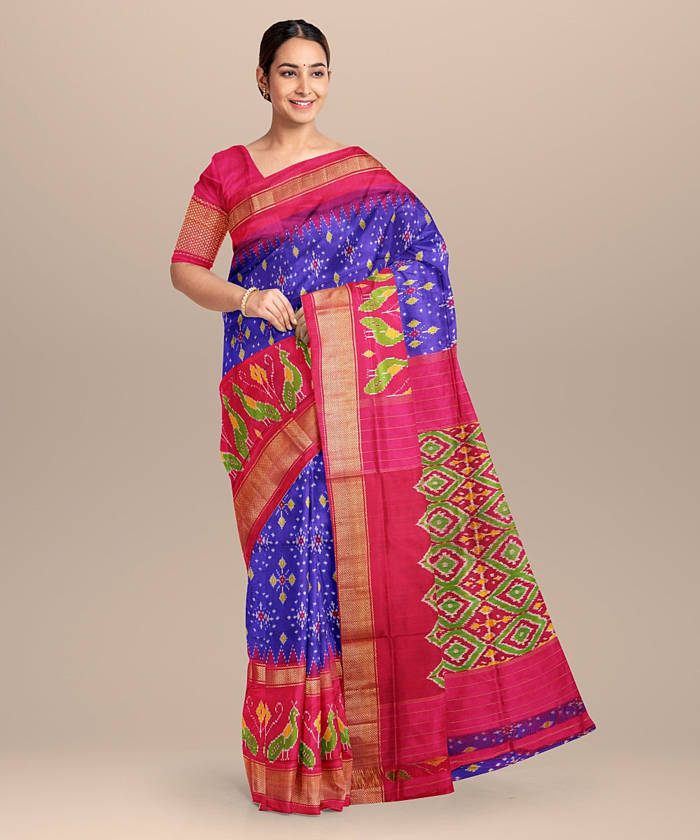 Navy blue pink handwoven pochampally ikat silk saree